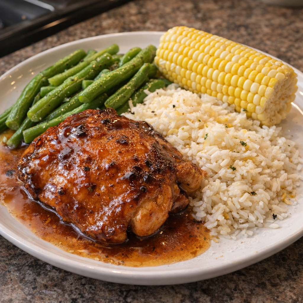 Amber chicken served with simple family-friendly sides