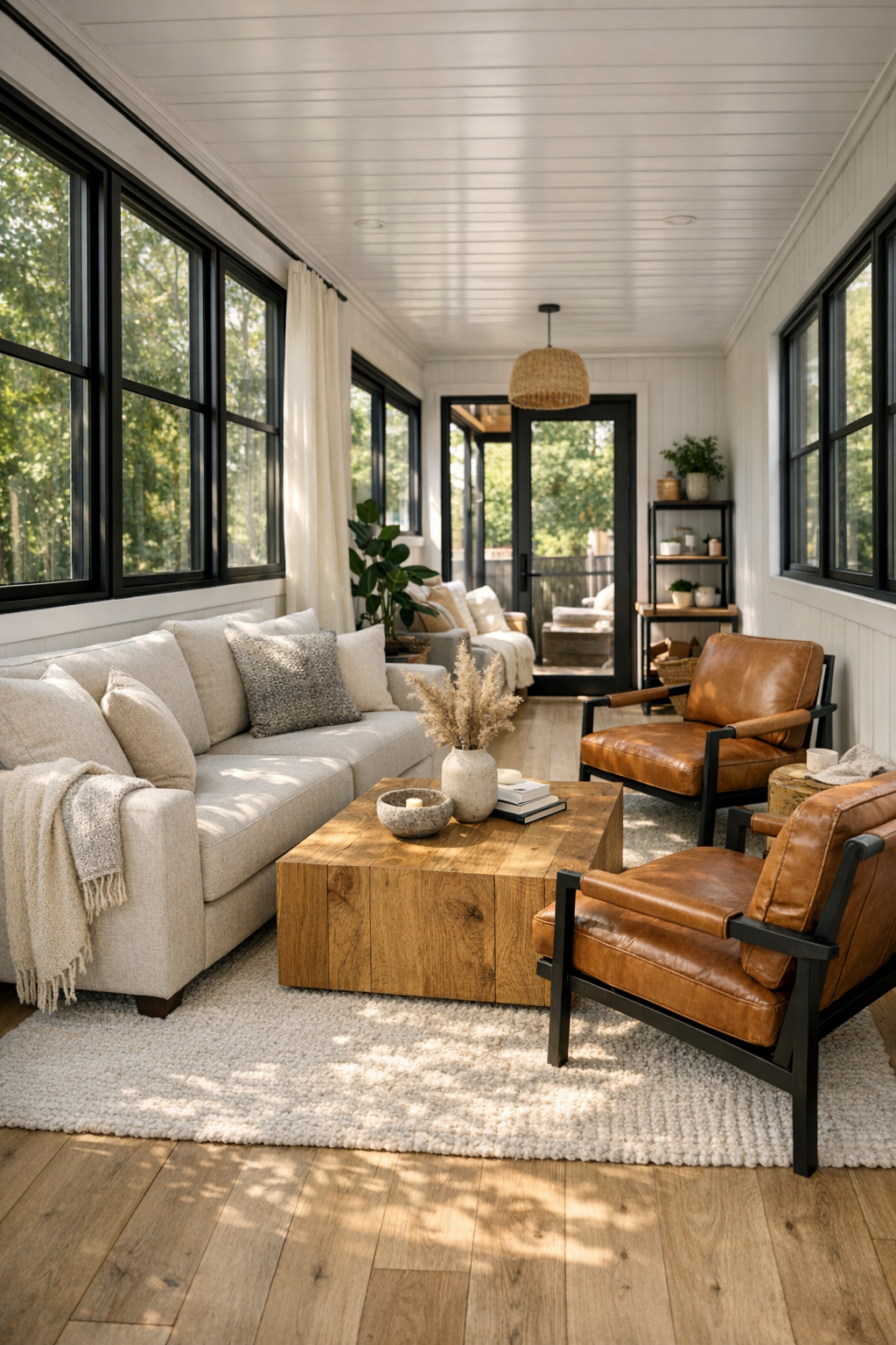 Bright container home living room with linen sofa, caramel chairs, and pale oak finishes