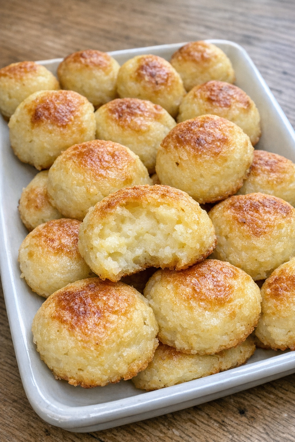 Light golden puffy potato bites on a rectangular ceramic serving dish