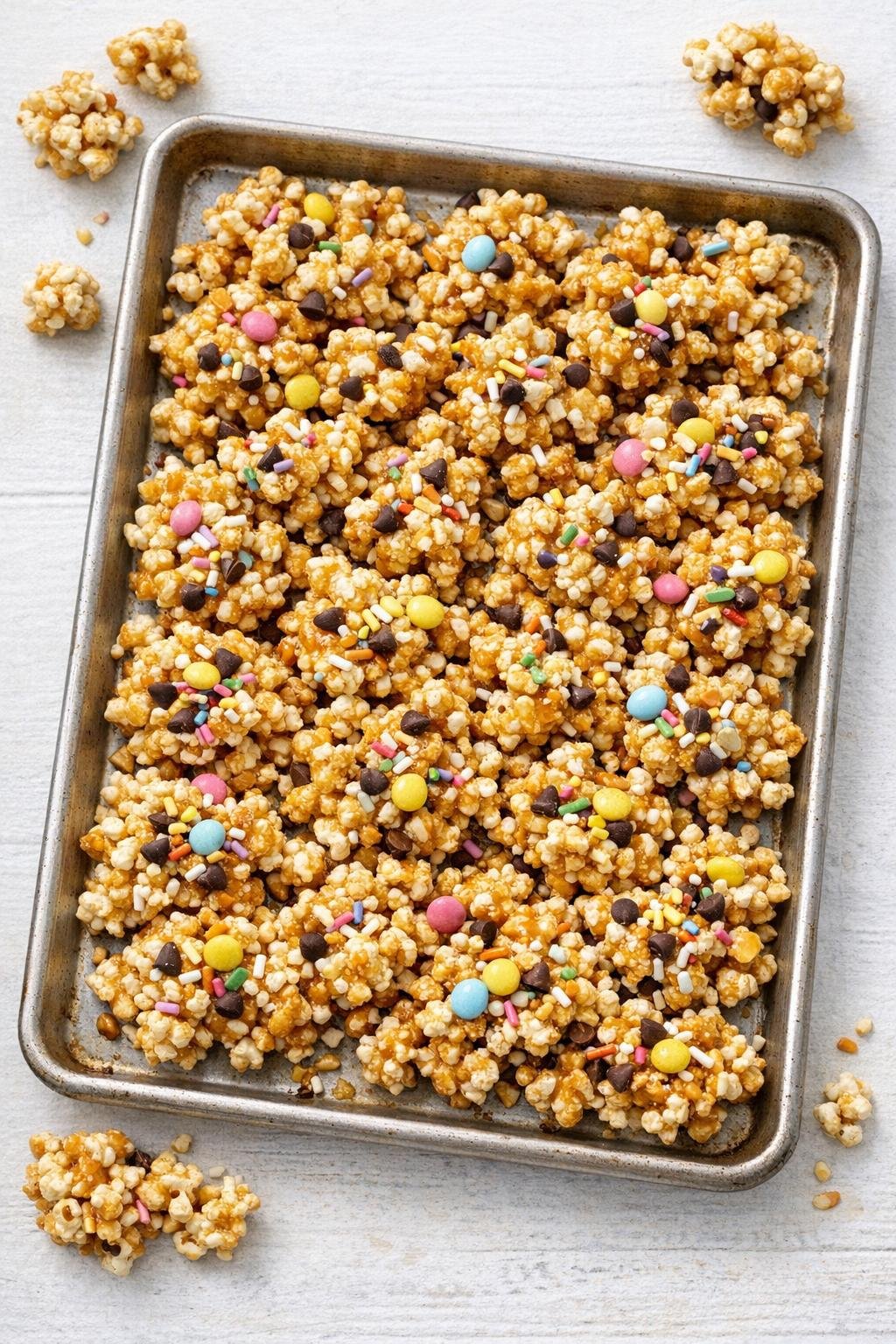 Finished sweet baked popcorn on a tray
