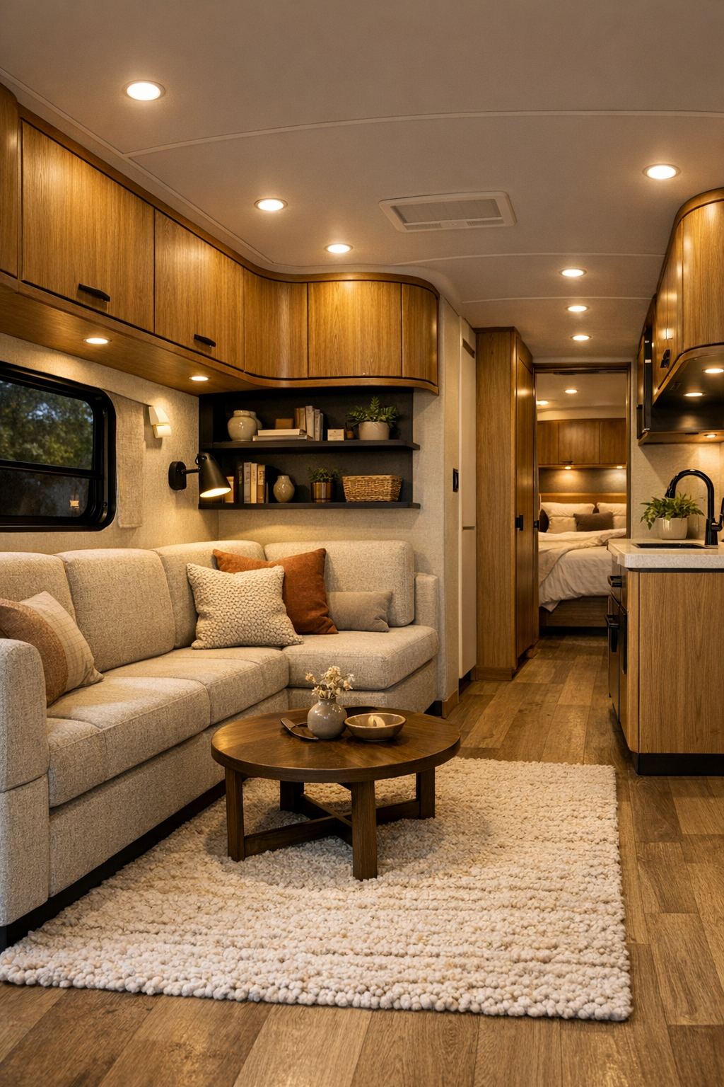 Accessible RV camper living room with oak cabinetry and matte black accents
