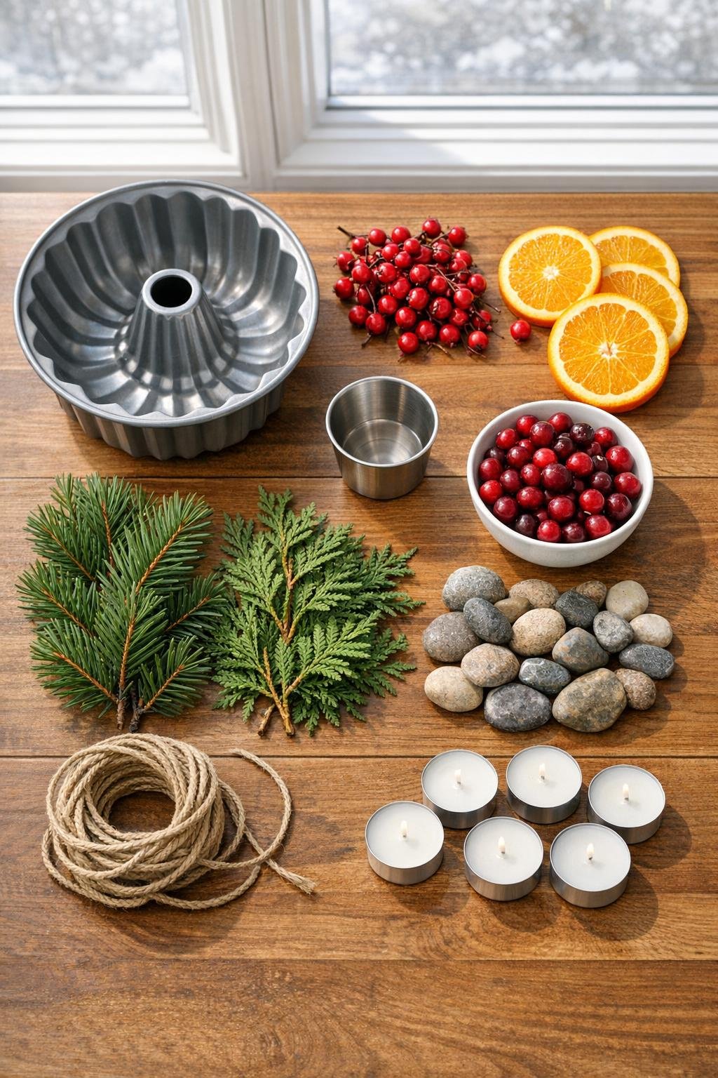 Materials for a frozen bundt porch luminary laid out on a table