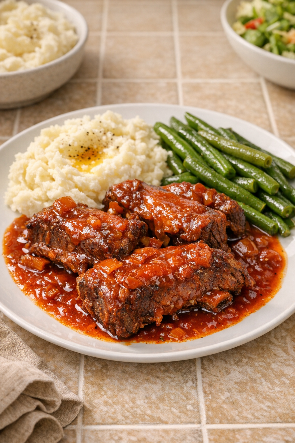 Finished Catalina beef short ribs plated with sauce