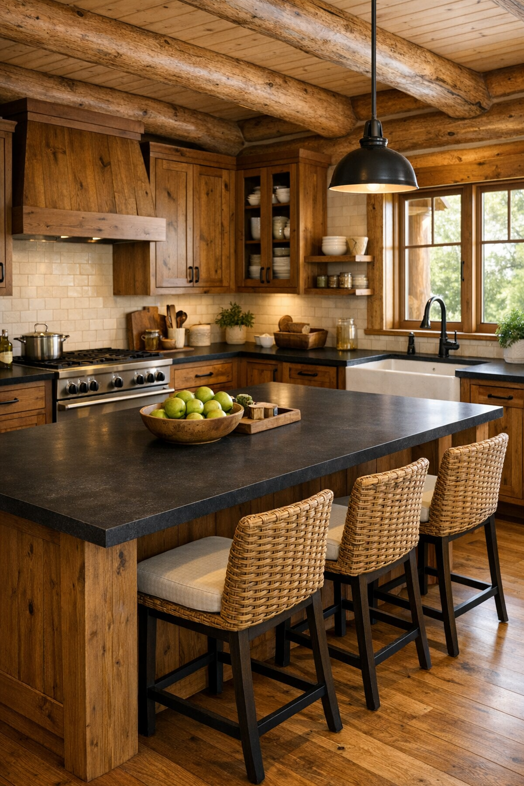Handcrafted kitchen with custom wood cabinetry and a large prep island