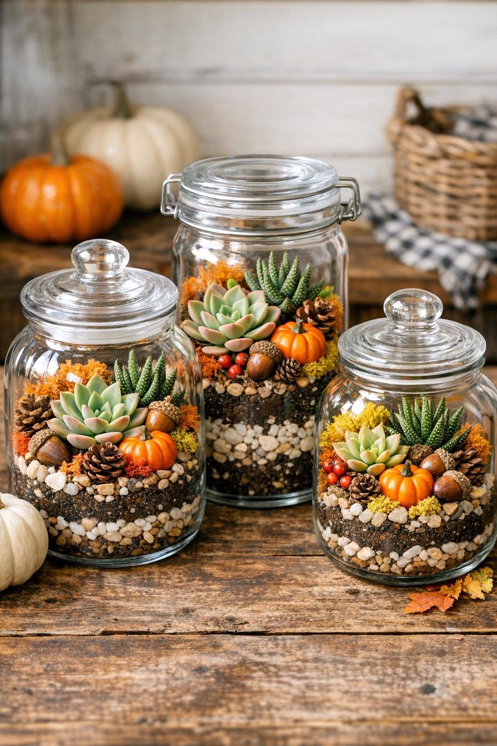 Finished fall succulent terrariums made from glass cookie jars