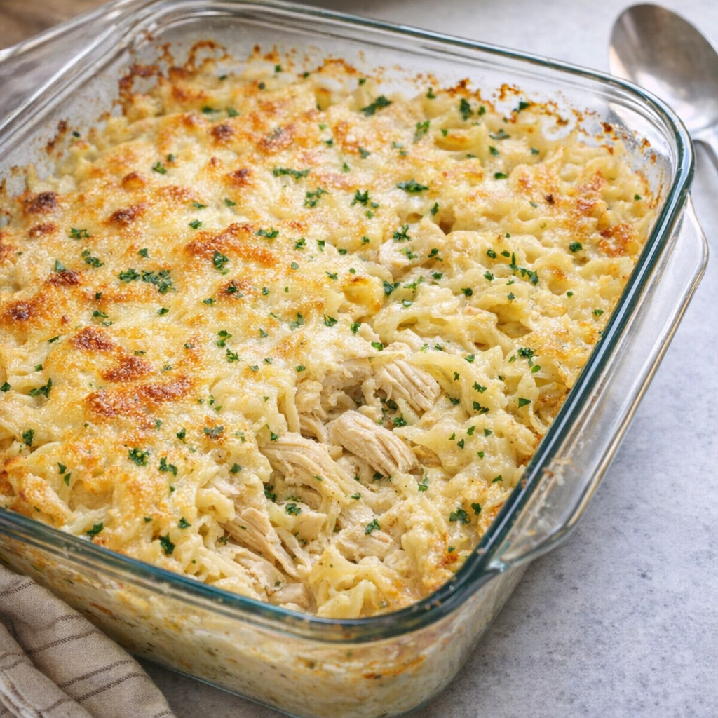Glass dish of creamy chicken noodle casserole on a kitchen counter