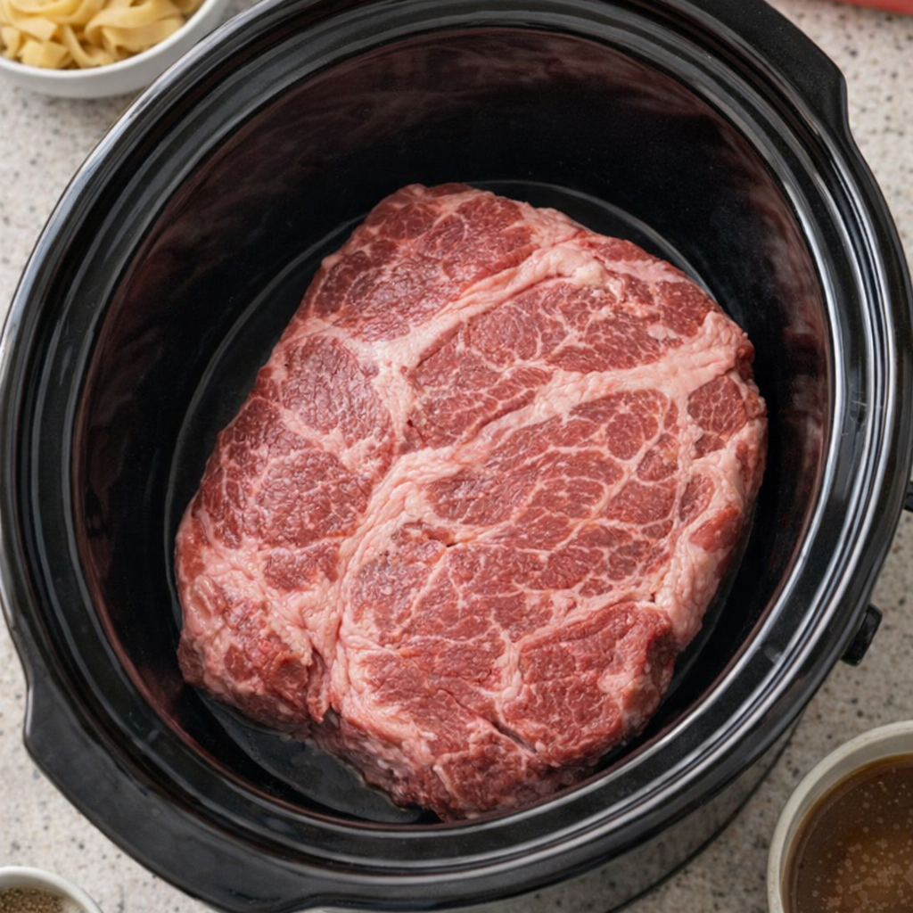 Beef roast placed in a slow cooker before cooking