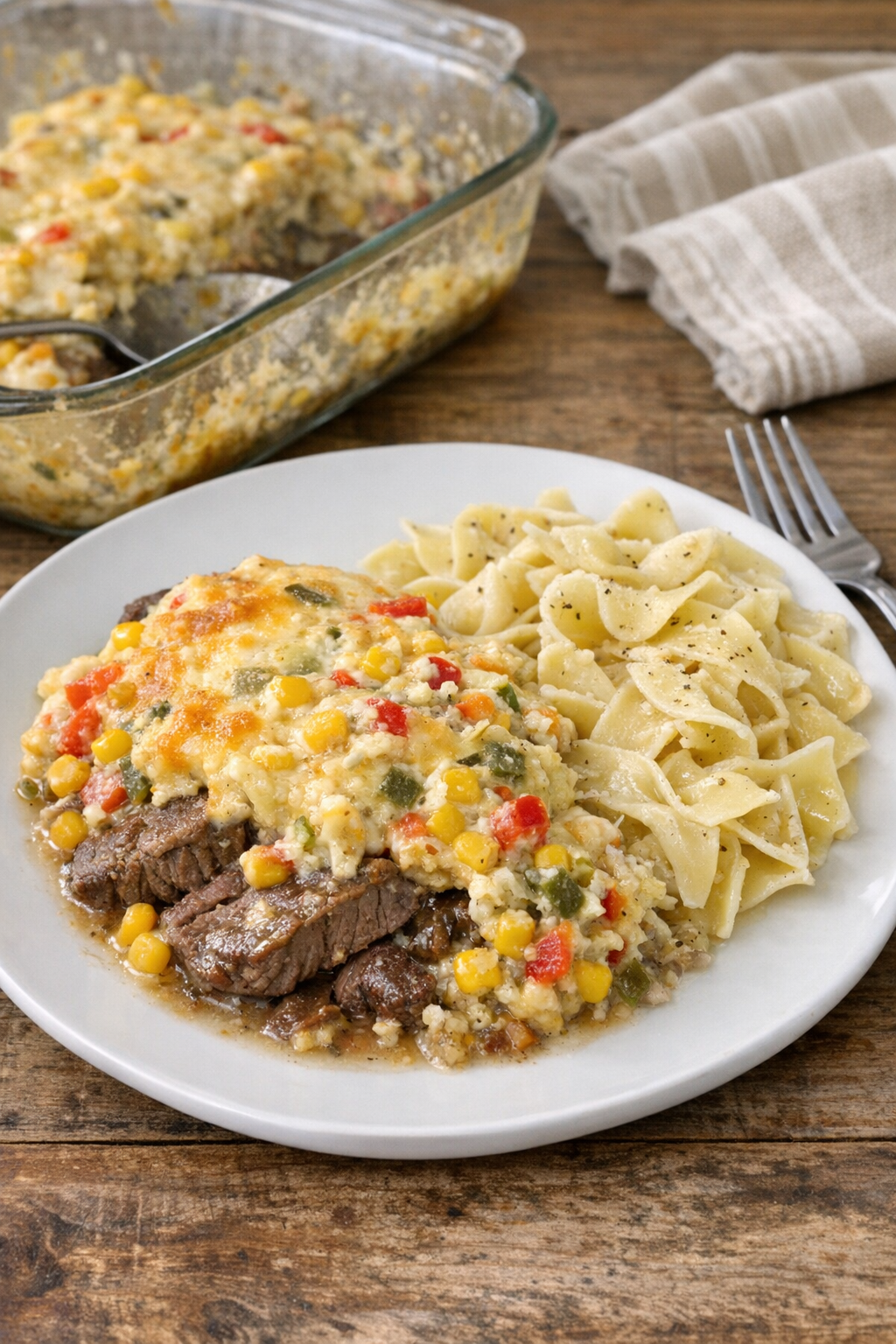 Finished Amish beef and sweet corn casserole plated for serving