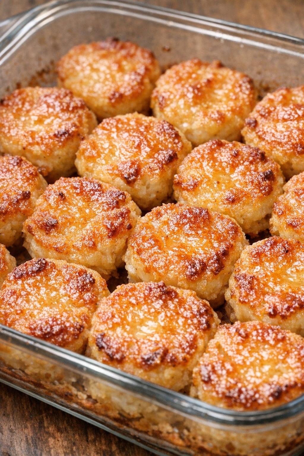 Southern 3-ingredient savory mayo bites baked until golden brown in a glass casserole dish