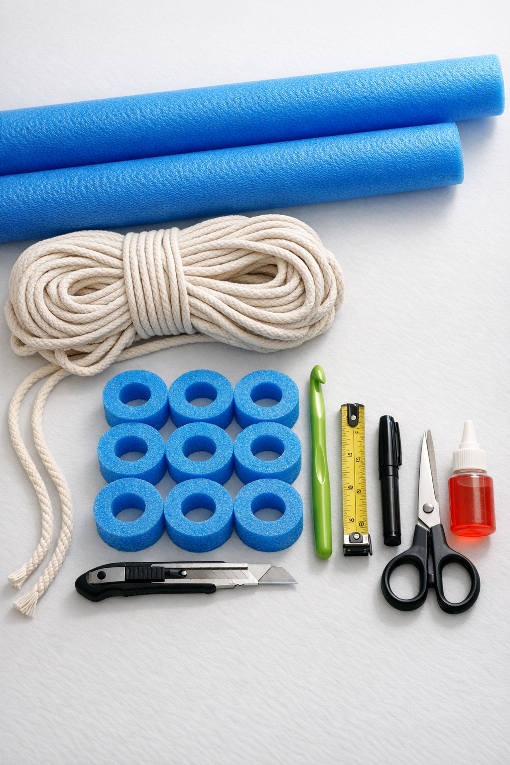 Materials for crochet outdoor canopy tie backs laid out together