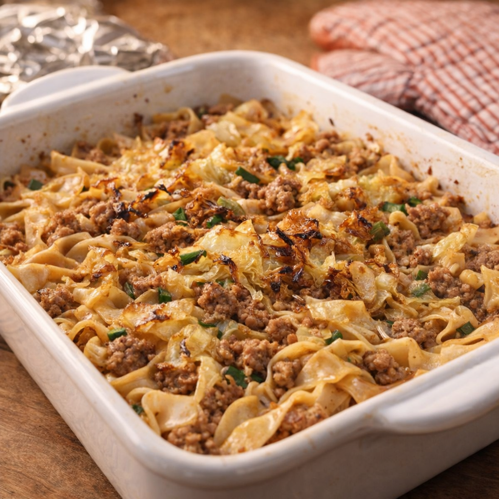 Baked egg roll pasta with crisp cabbage edges fresh from the oven