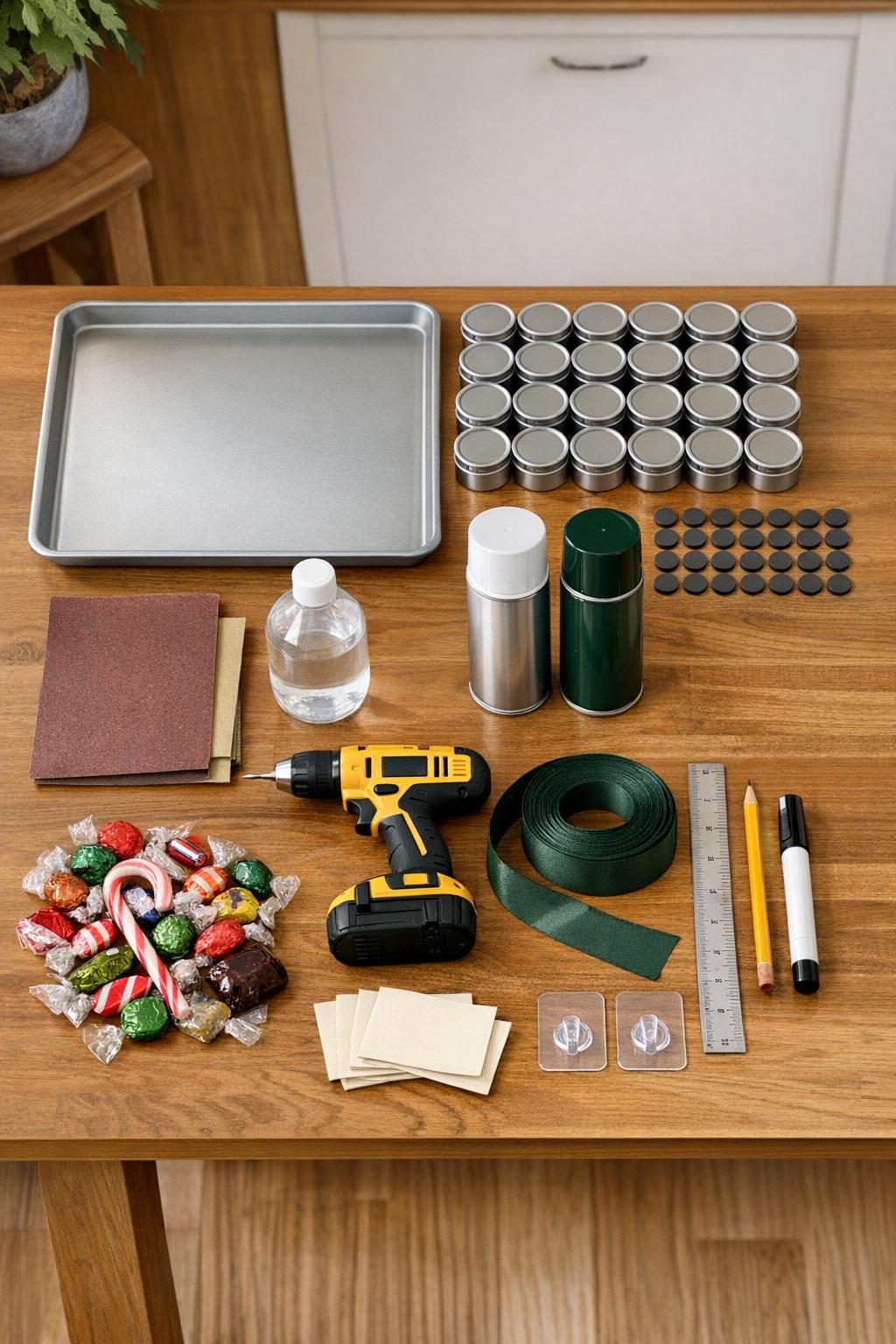 Materials for a magnetic advent calendar board laid out on a table