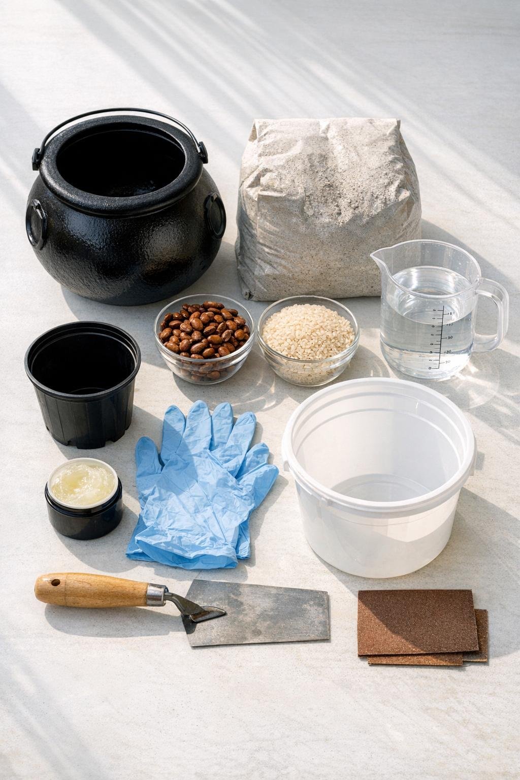 Materials for making concrete harvest planters laid out on a worktable