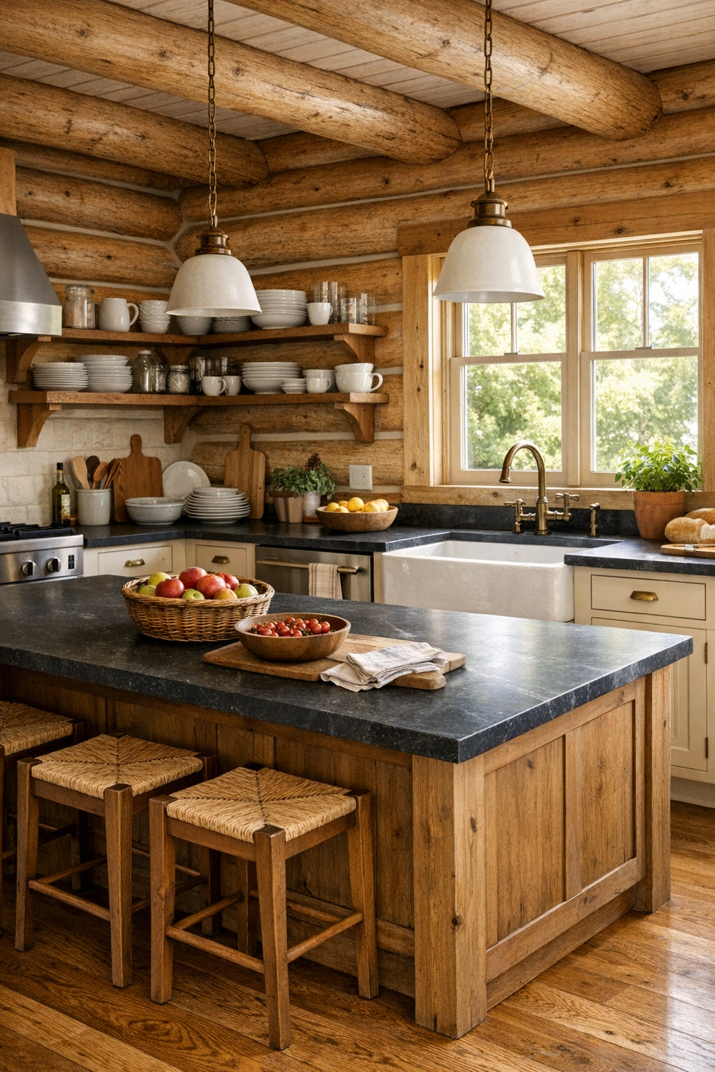 Country log home kitchen with cream cabinets and soapstone island
