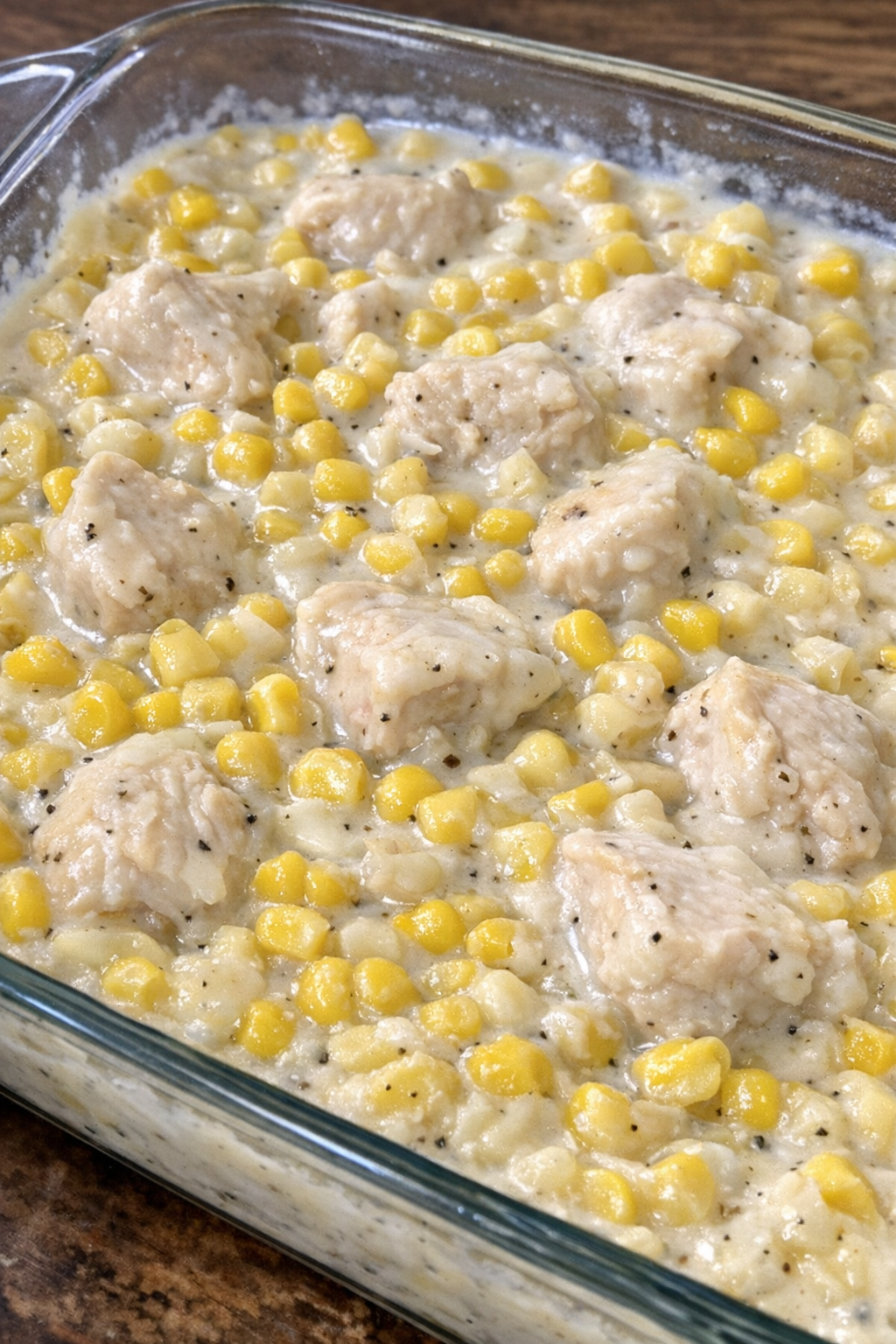 Creamy corn and chicken pot in a glass casserole dish