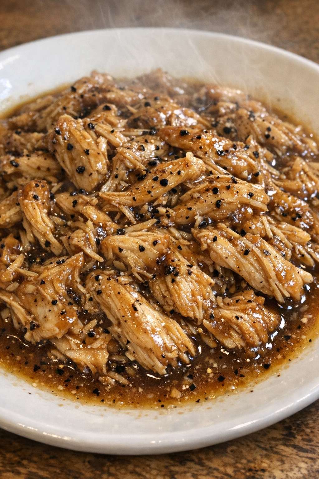 Slow cooker Amish pepper chicken plated on a white ceramic plate