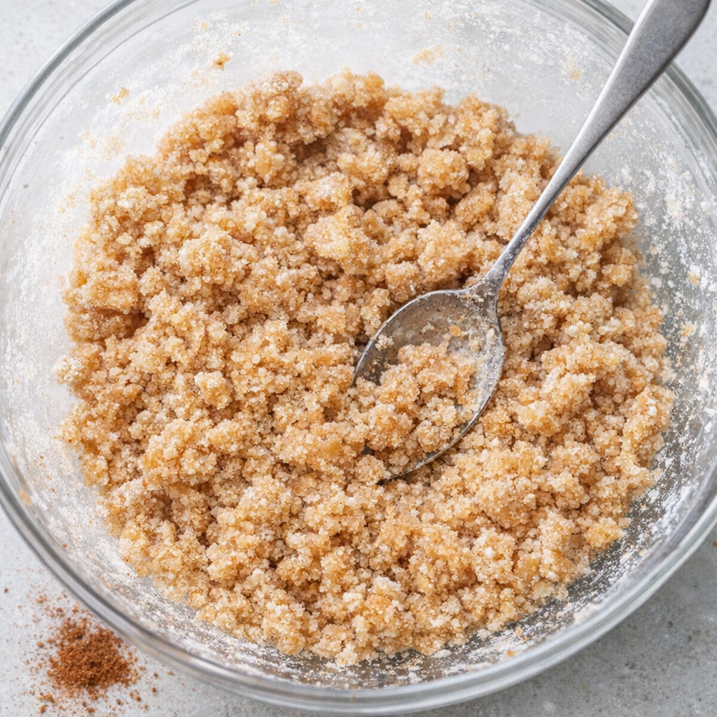 Crumbly butter topping mixed in a bowl
