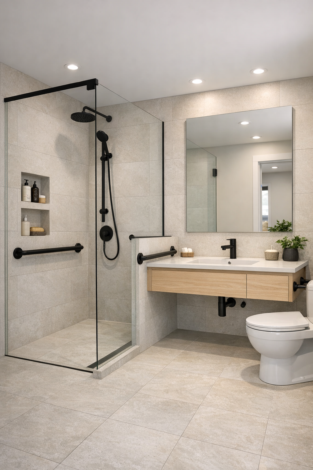 Refined bathroom with pale stone tile, a curbless shower, and a floating wood vanity
