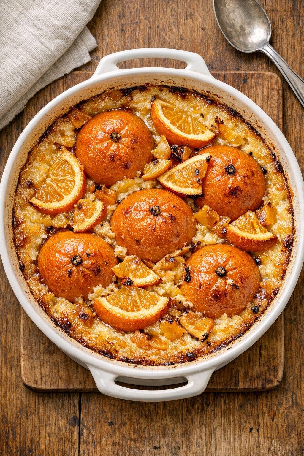 Finished baked whole orange dessert in a ceramic casserole dish
