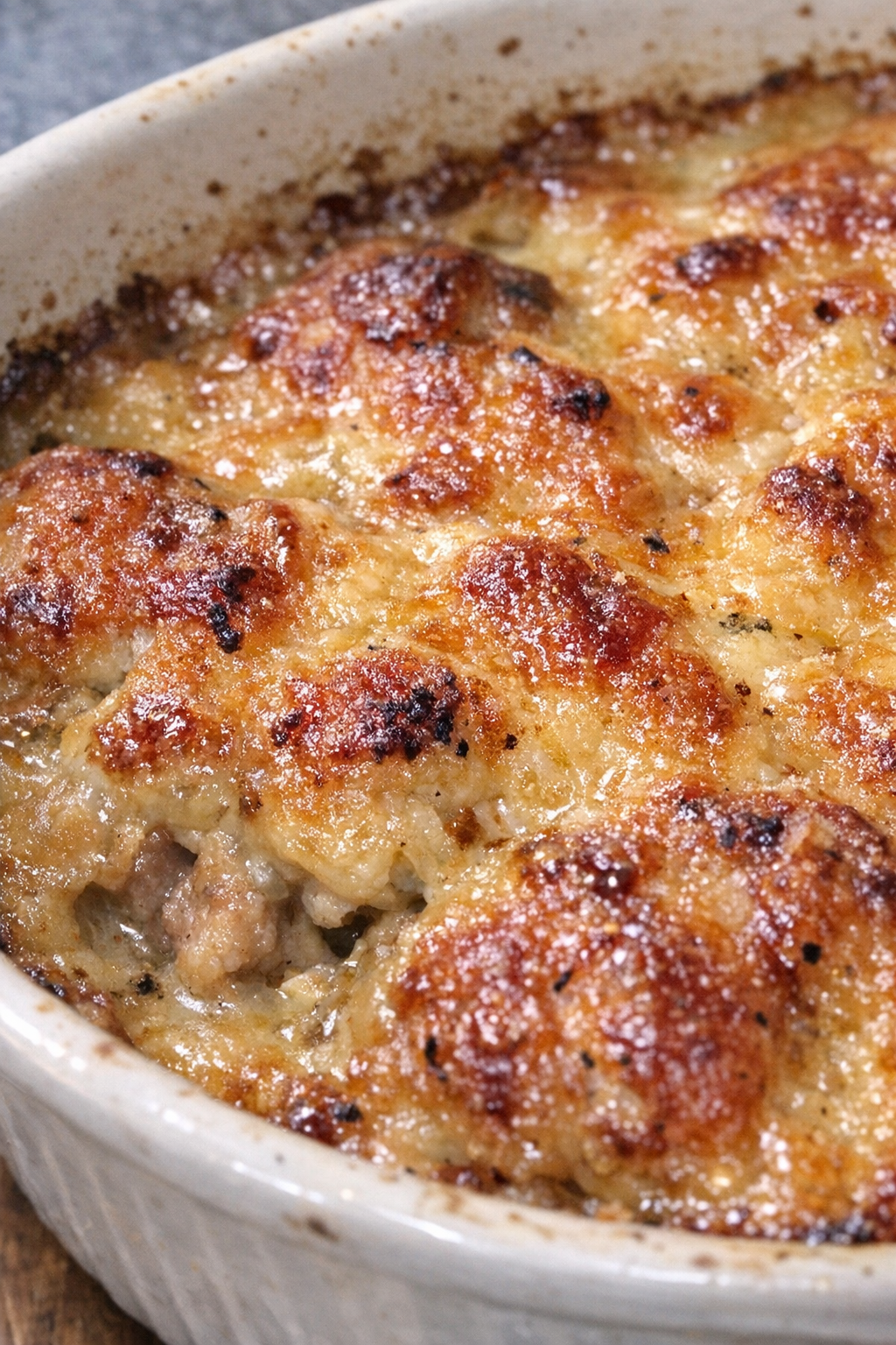 Bubbling golden-crusted bake in a ceramic dish