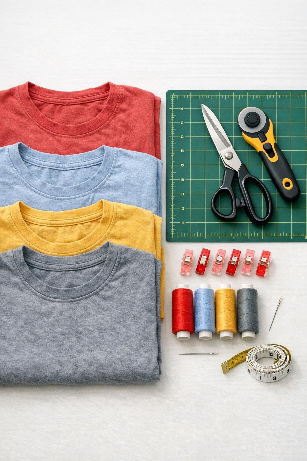 Old t-shirts and basic tools laid out for making a braided doormat