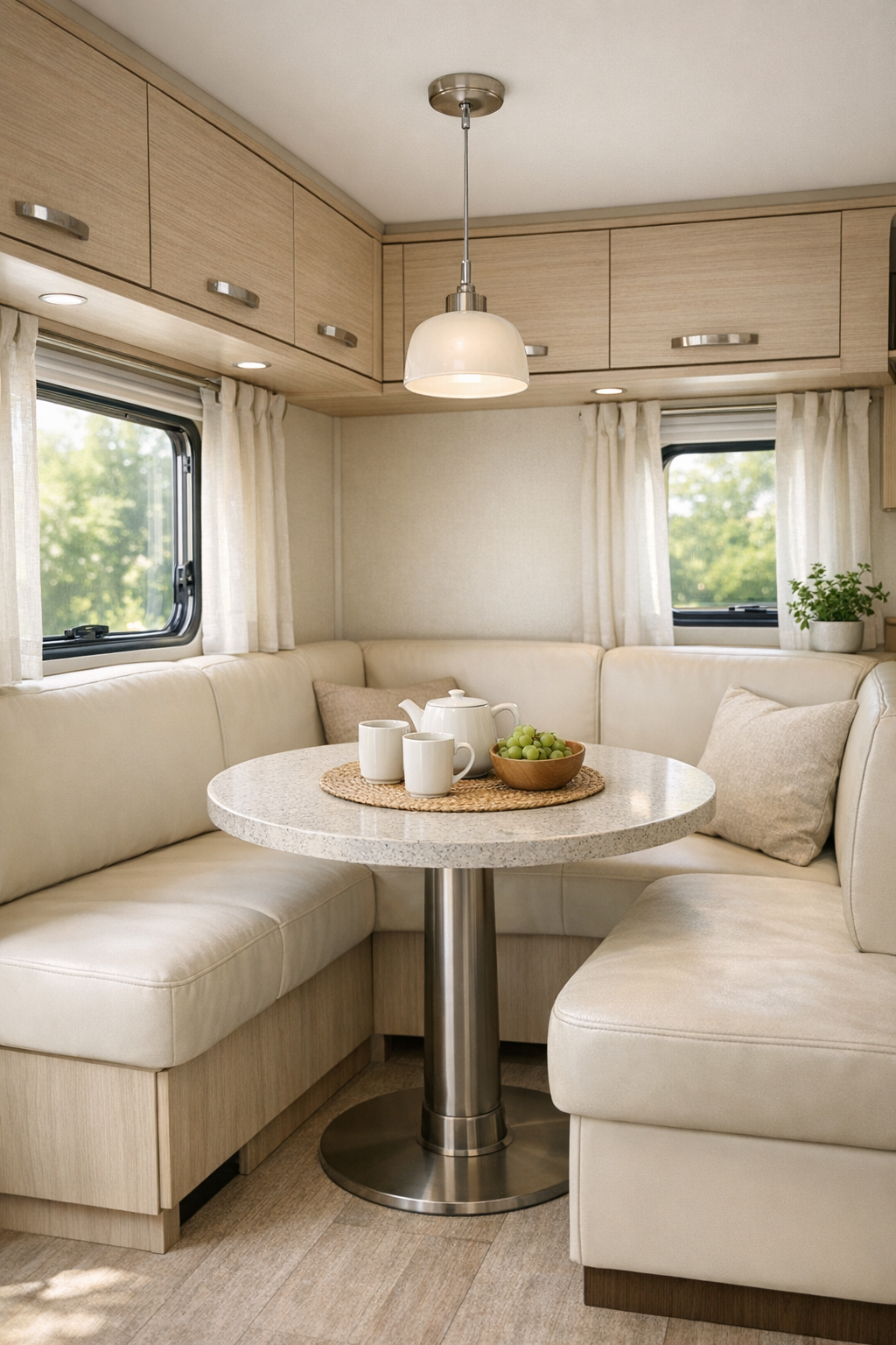 Compact RV dining nook with cream banquette seating, round pedestal table, and warm modern finishes