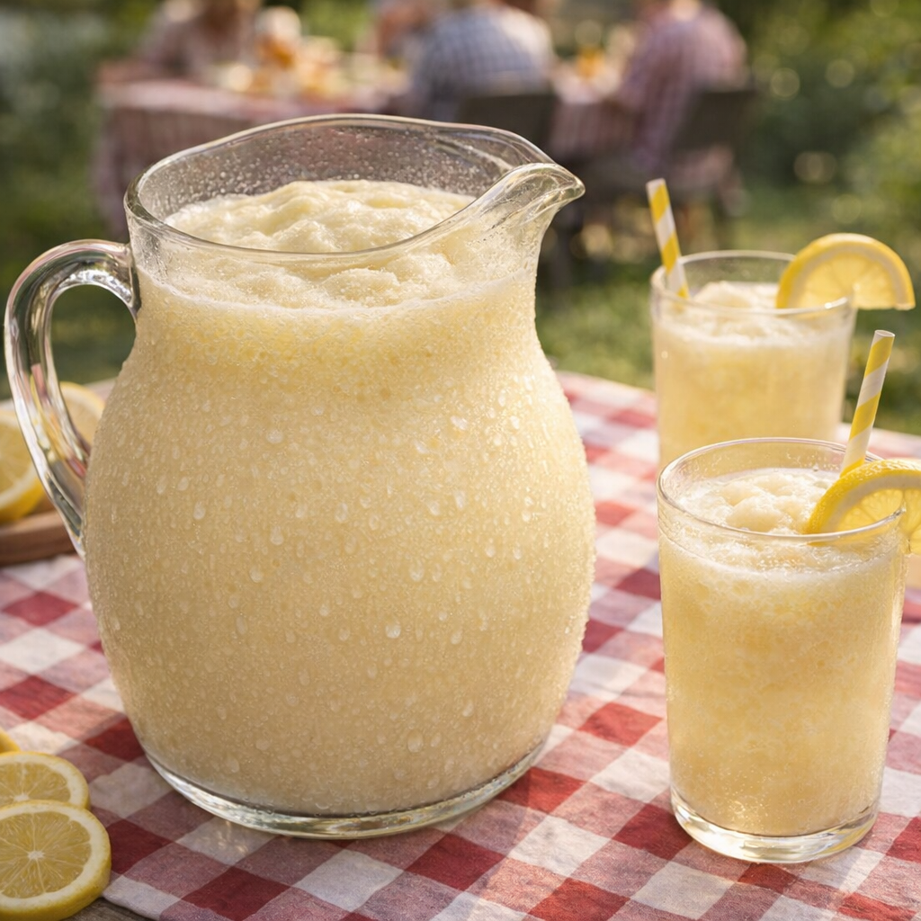 Glass pitcher of frosted lemonade on a backyard table