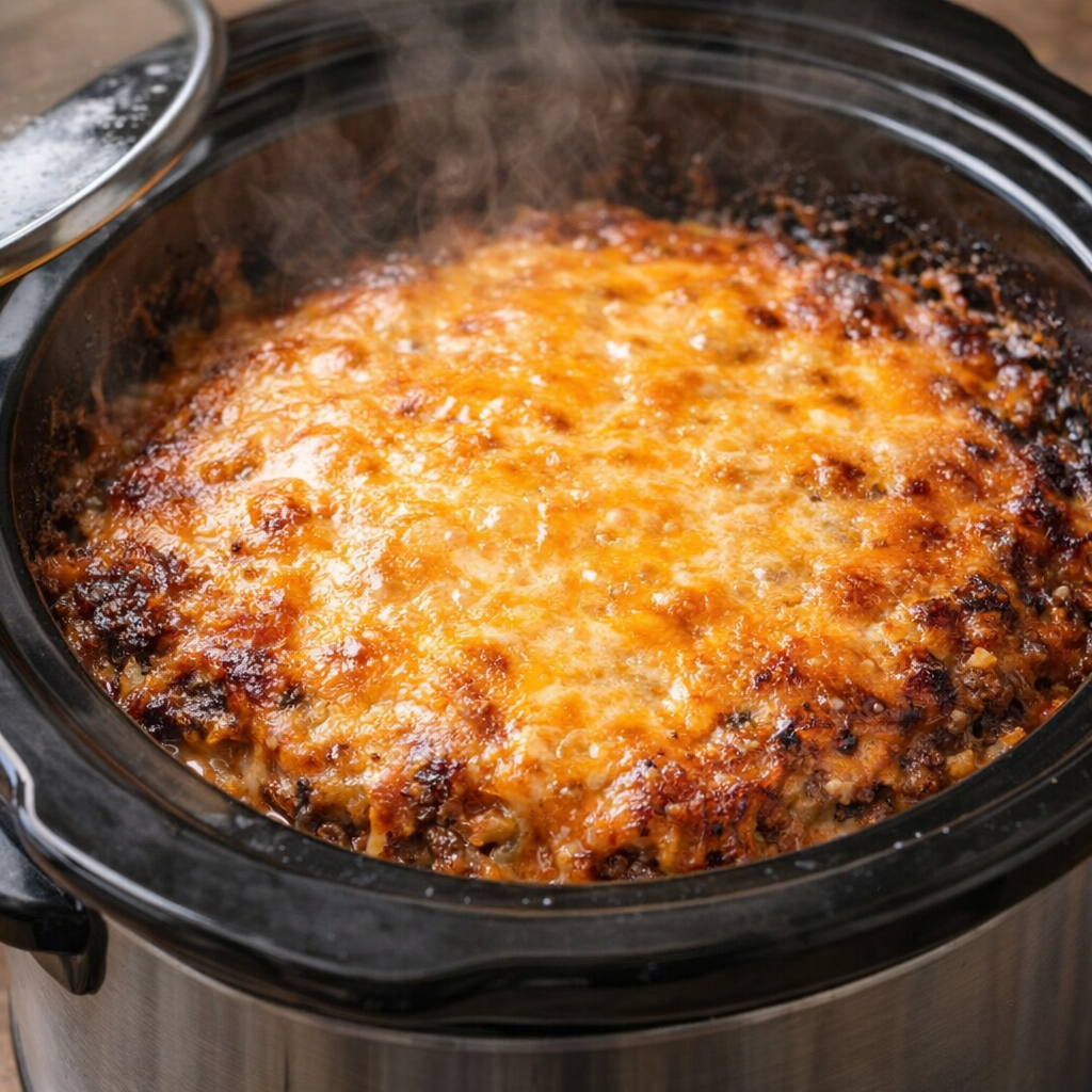 Finished casserole with melted cheddar on top in the slow cooker