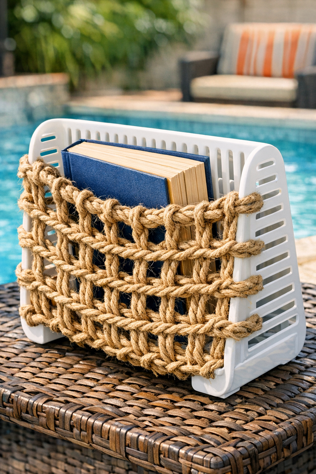 Finished crocheted jute outdoor book holder made from an upright plastic dish drainer