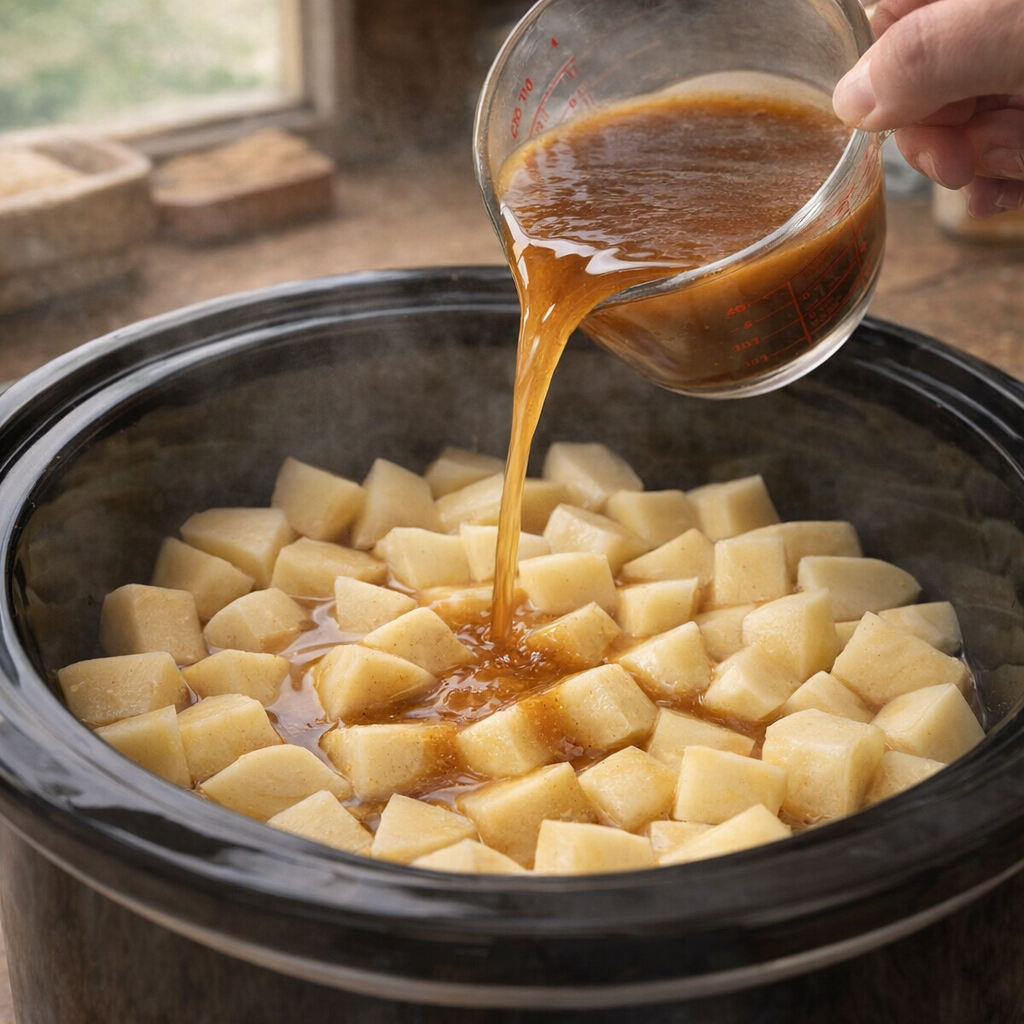 Potatoes in a slow cooker just before the gravy is poured in