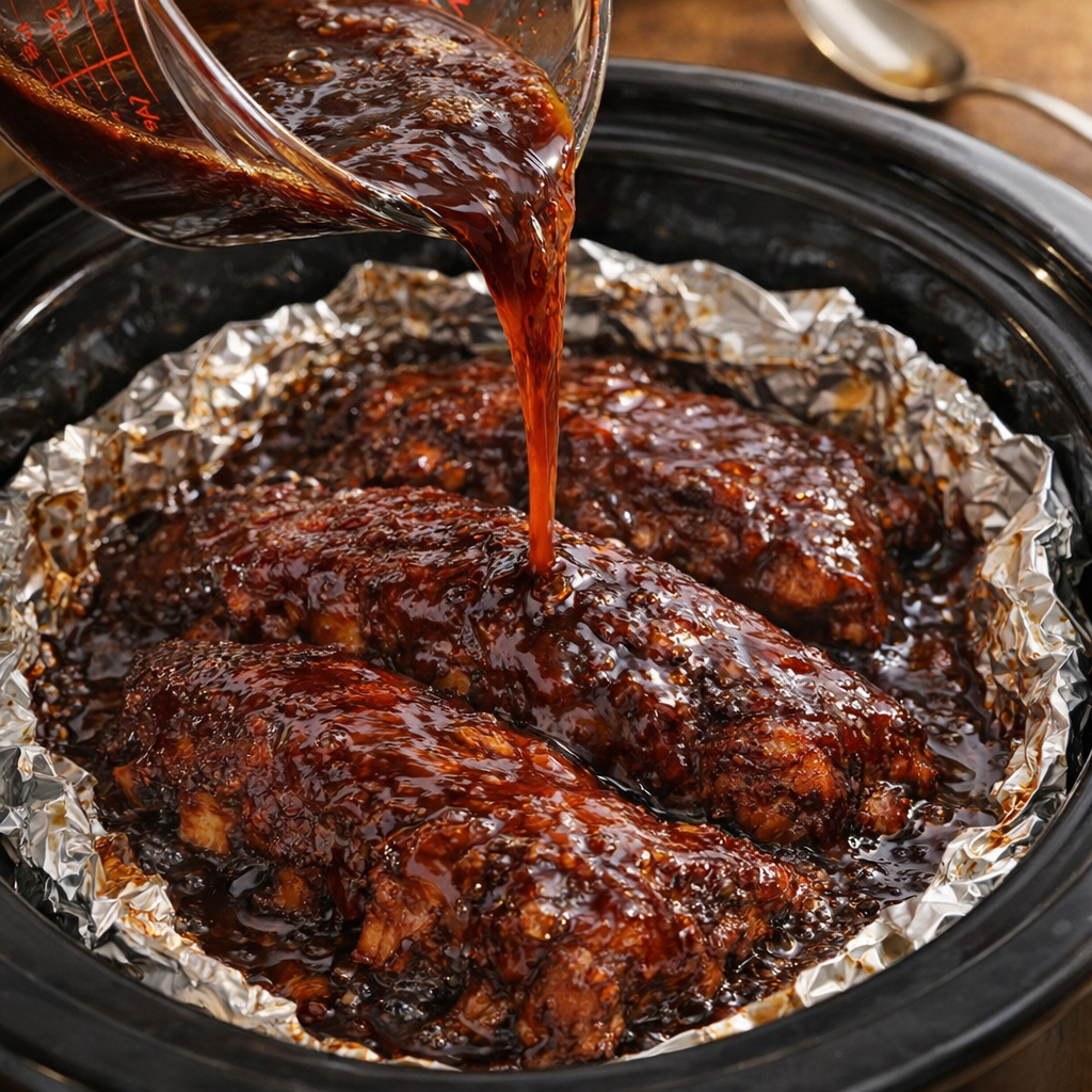 Barbecue sauce and cola being poured over ribs