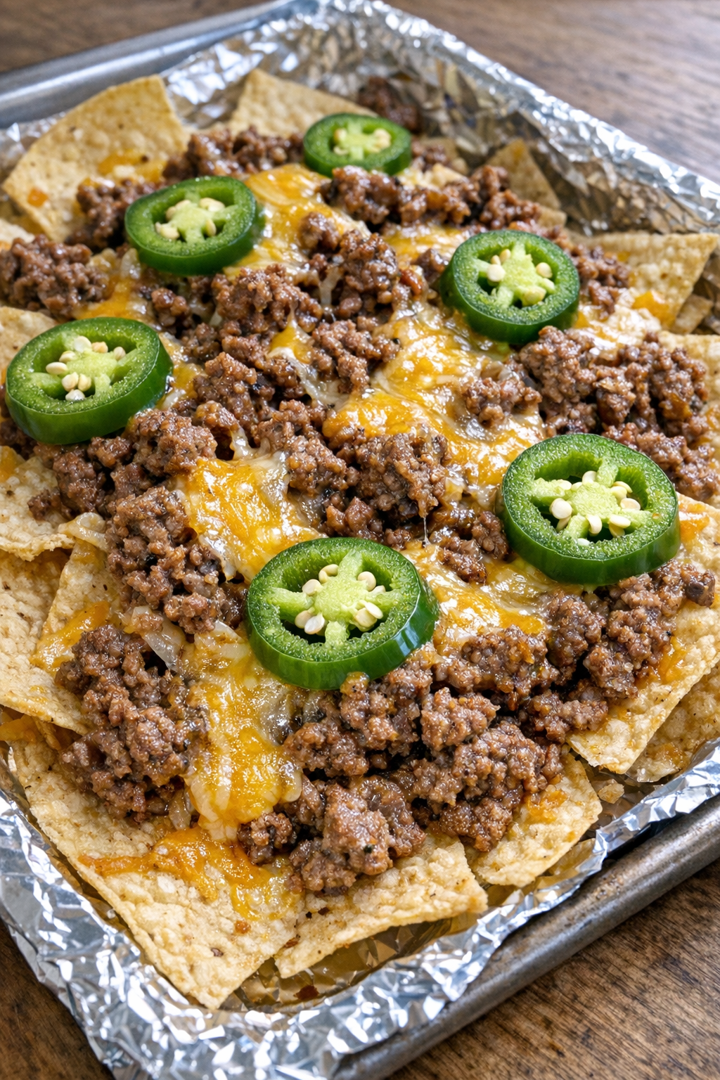 Close-up of baked beef nachos with cheddar and jalapenos