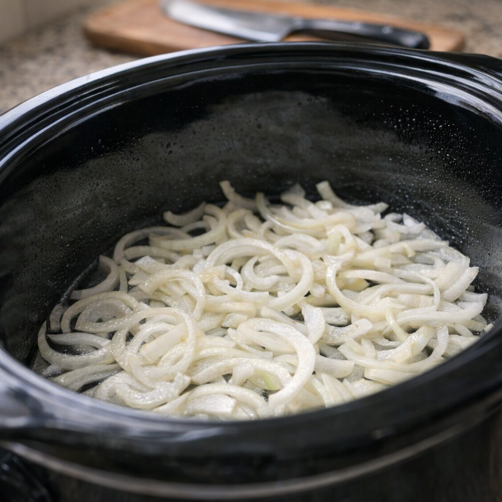 Sliced onions in the bottom of a slow cooker