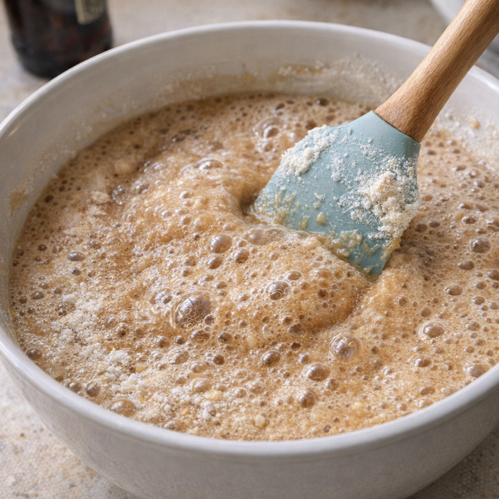 Foamy root beer cake batter being mixed