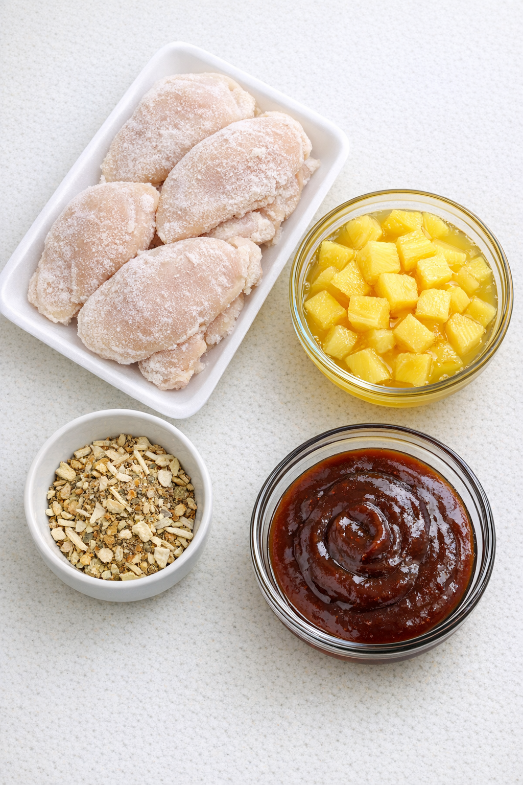 Chicken cutlets, pineapple chunks, barbecue sauce, and onion soup mix