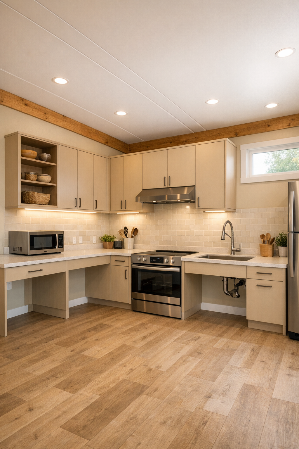 Modern accessible kitchen with sand-toned cabinetry and quartz counters