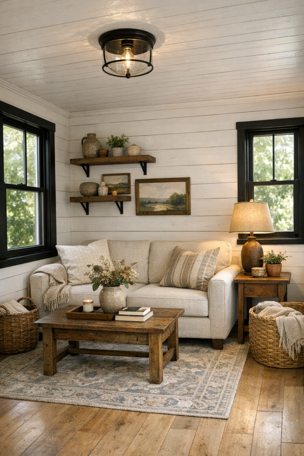 Bright farmhouse-style living room with white shiplap walls and neutral seating