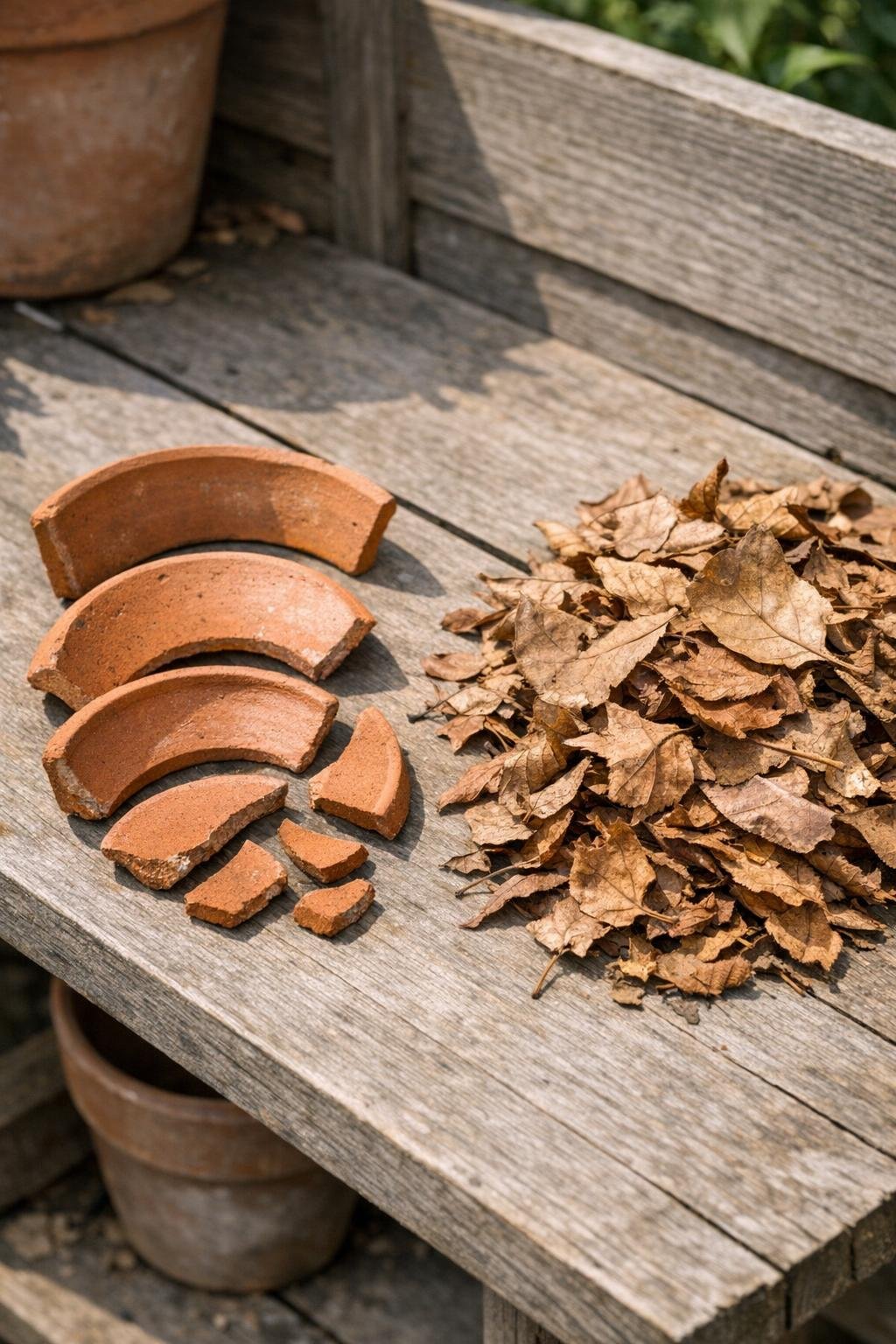 Broken terracotta pot pieces and dry leaves laid out for a frost protection project