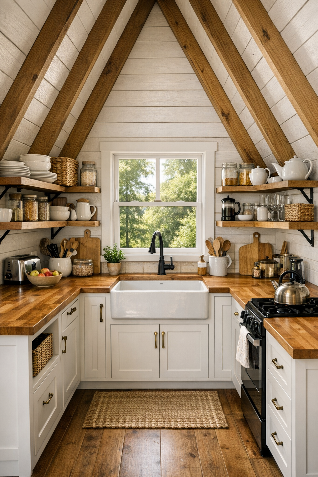 Warm white tiny home kitchen with shaker cabinets, butcher block counters, farmhouse sink, and open wood shelving