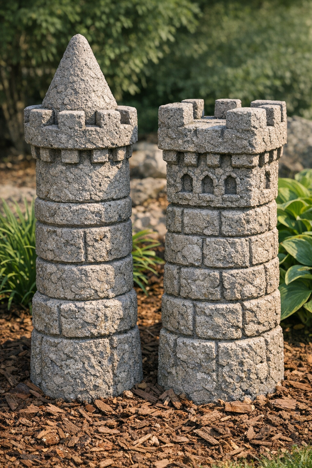 Finished textured cement yard pillars displayed in a garden bed