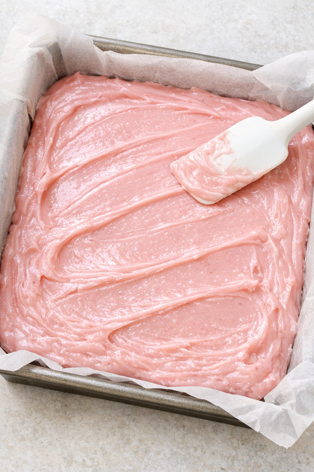 Pink fudge mixture spread into parchment-lined pan