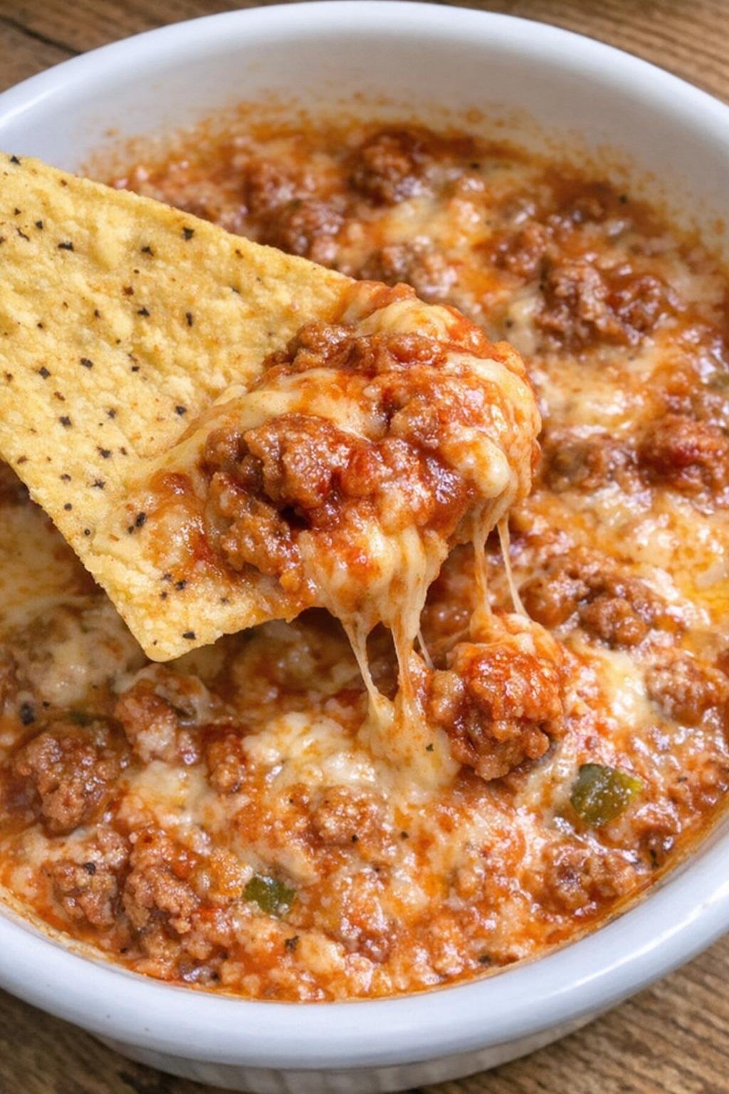 Chorizo dip in a white serving dish with a tortilla chip scooping it