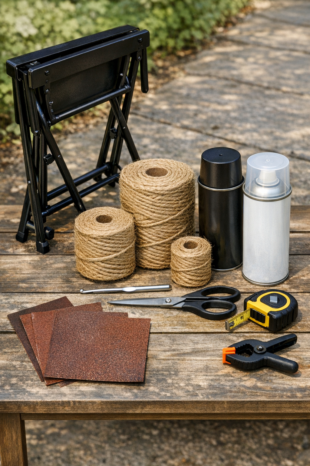 Materials laid out for a jute-wrapped TV tray stand project