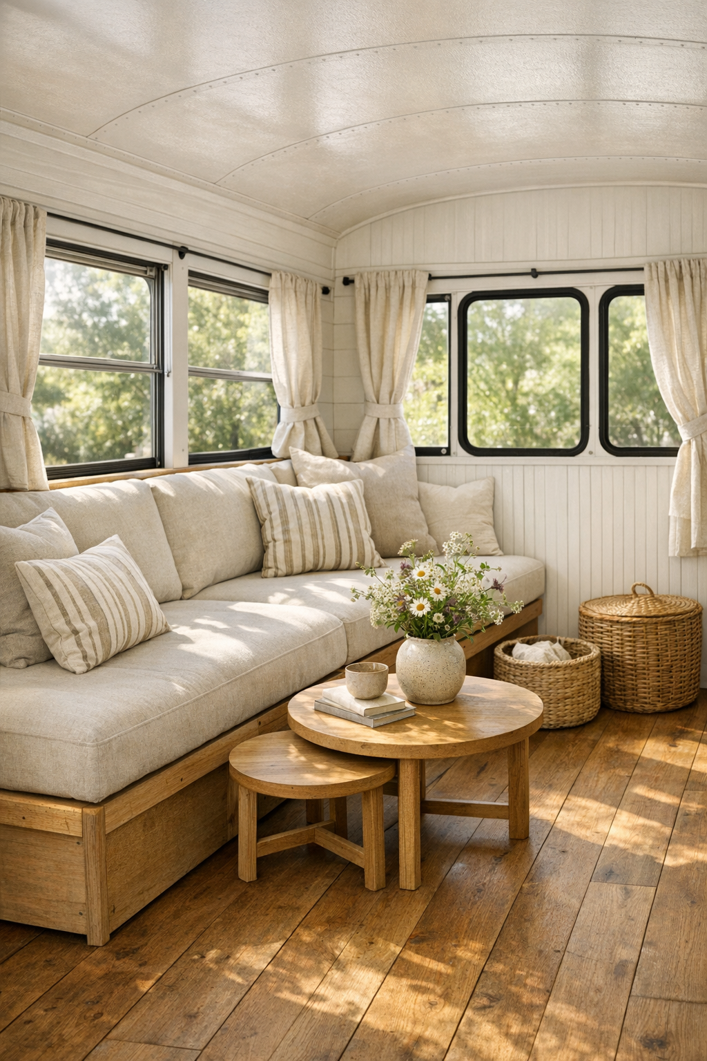 Cozy converted bus living room with built-in bench seating and warm wood floors