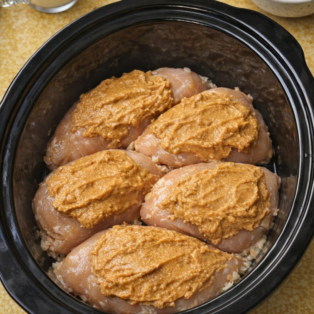 Raw chicken breasts arranged in a slow cooker