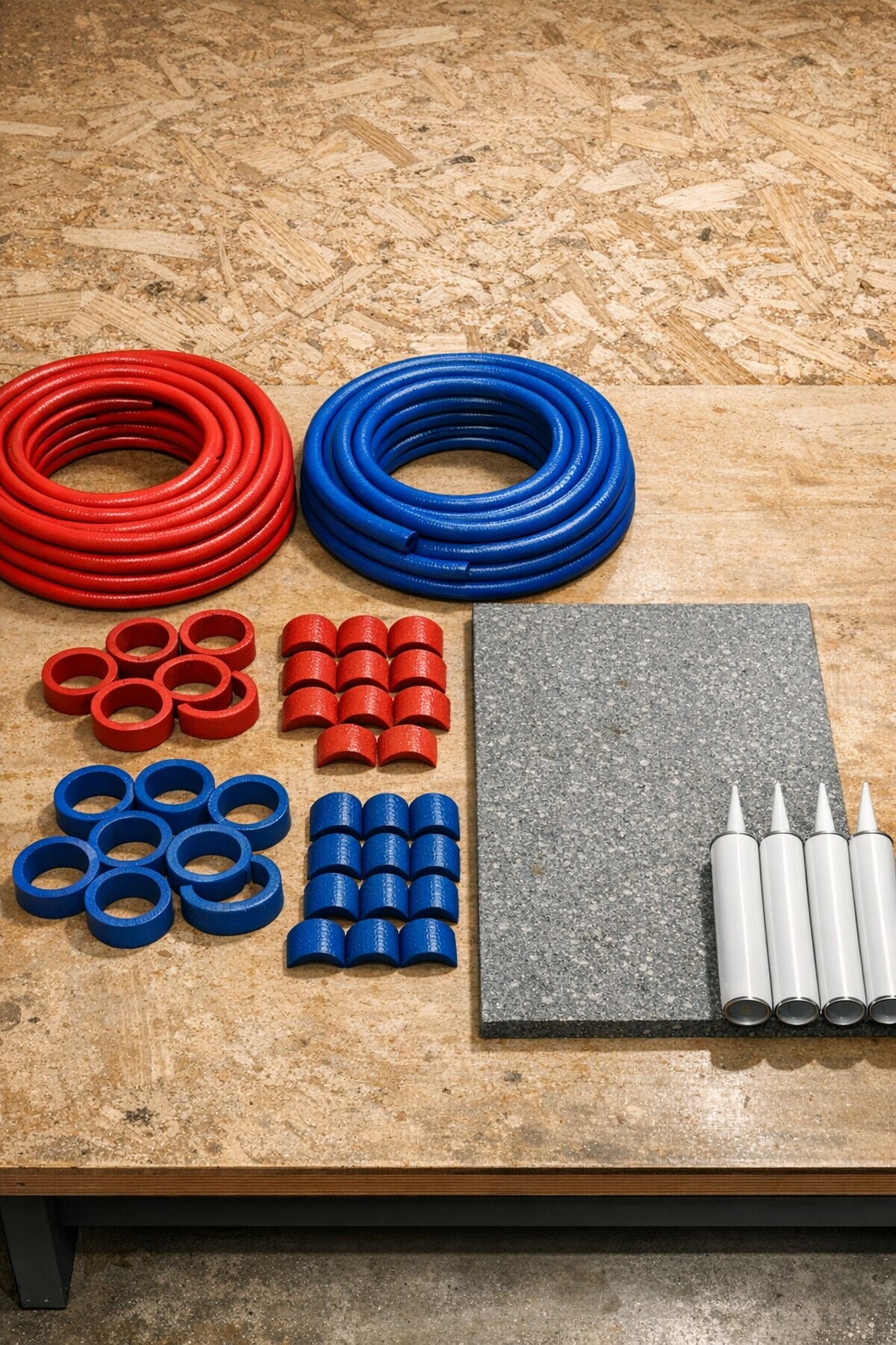 Materials for the textured hose patio surface laid out neatly