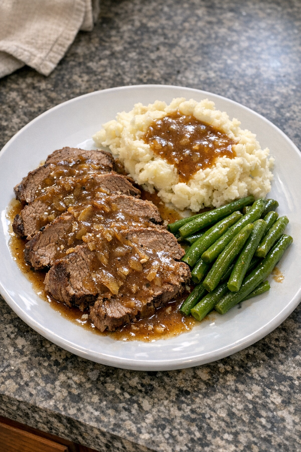 Finished Amish dried onion beef plated with gravy