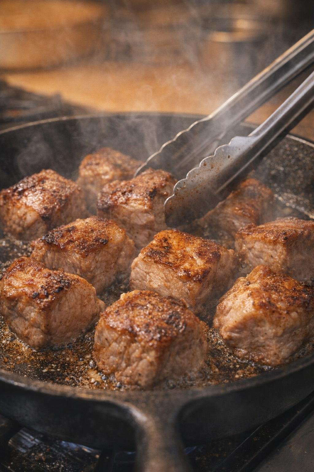 Searing pork shoulder chunks in a skillet