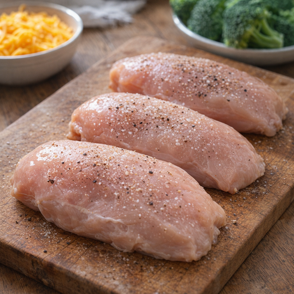 Seasoned chicken breasts on a cutting board