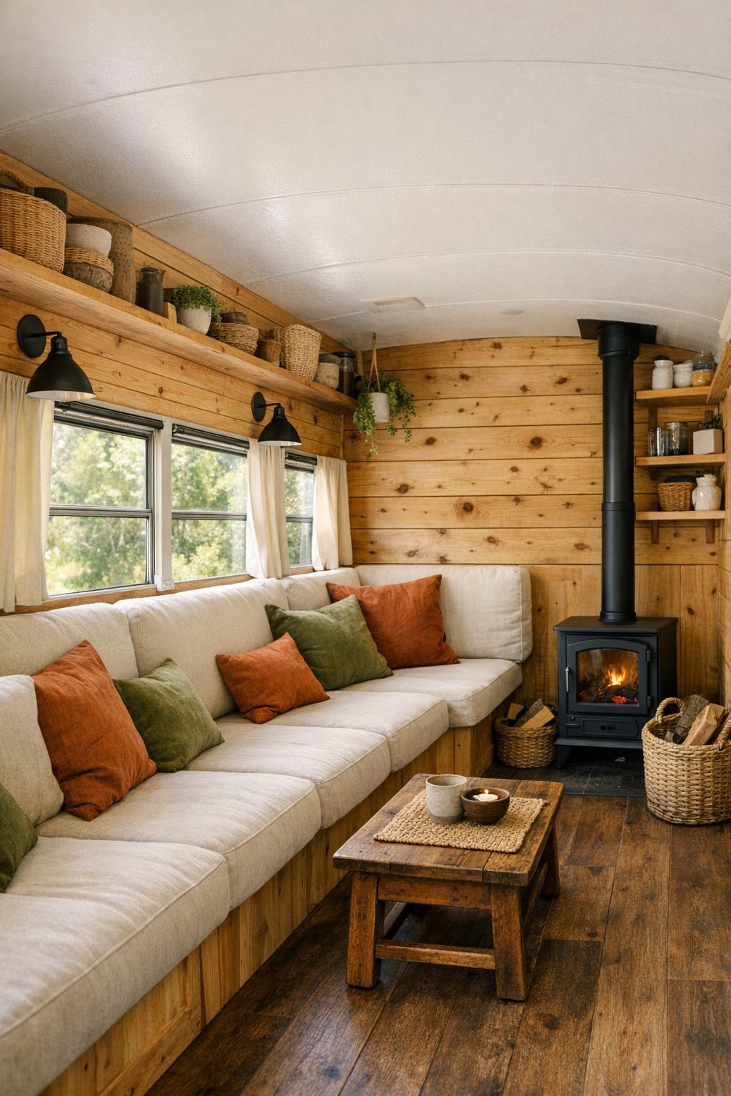 Rustic bus living room with built-in bench seating and wood stove